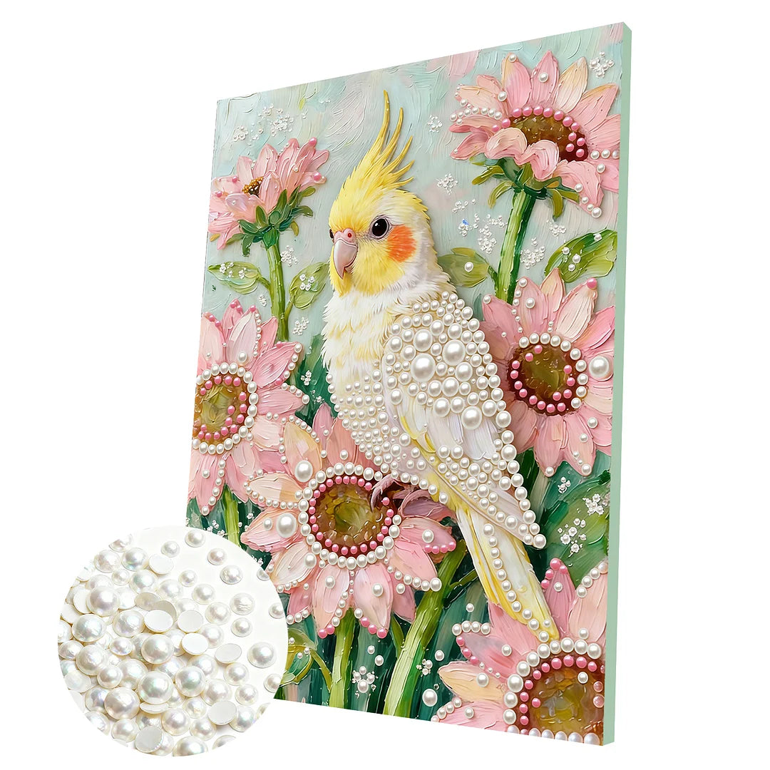 DIY Pearl Painting With Frame - Handmade Self-Adhesive Pearls - Cockatiel (30*40cm) B