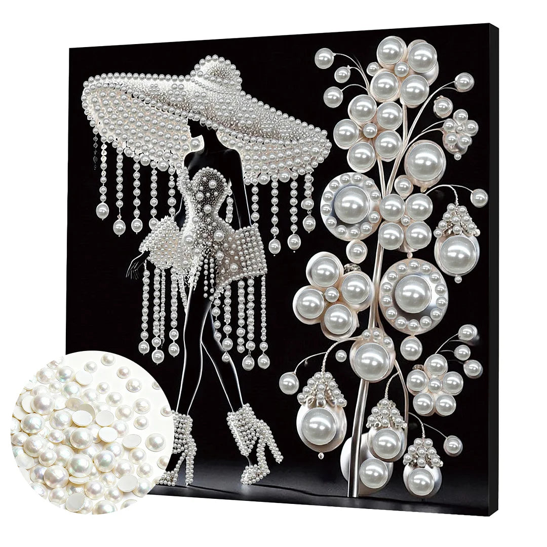 DIY Pearl Painting With Frame - Handmade Self-Adhesive Pearls - White Pearl Lady (30*30cm) B