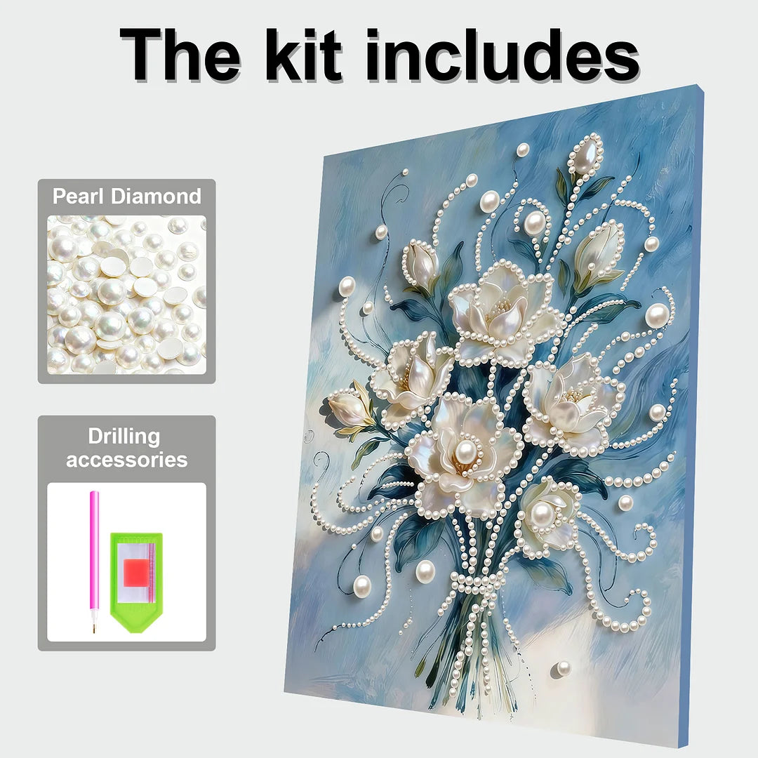 DIY Pearl Painting With Frame - Handmade Self-Adhesive Pearls - White flowers (30*40cm)