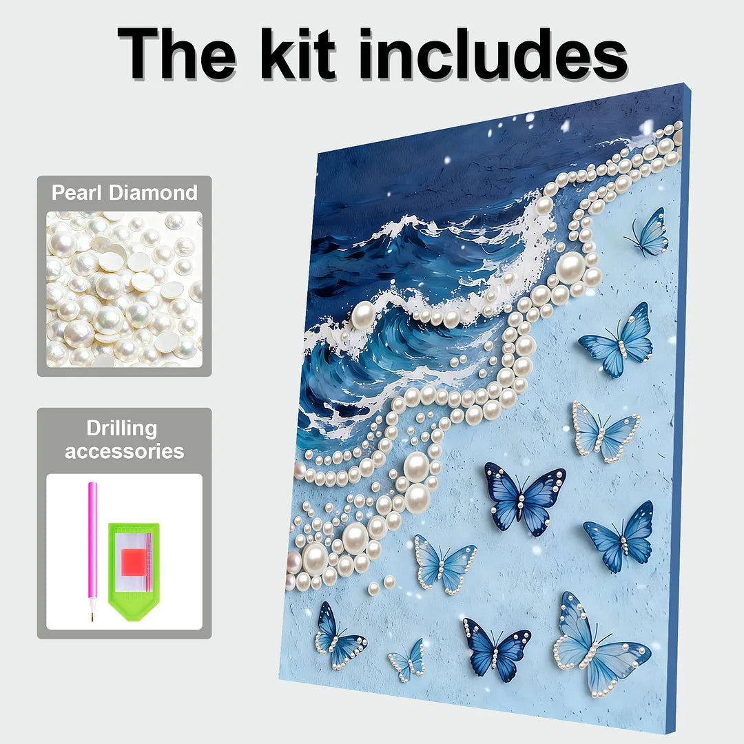 DIY Pearl Painting With Frame - Handmade Self-Adhesive Pearls - Butterfly Waves (30*40cm)
