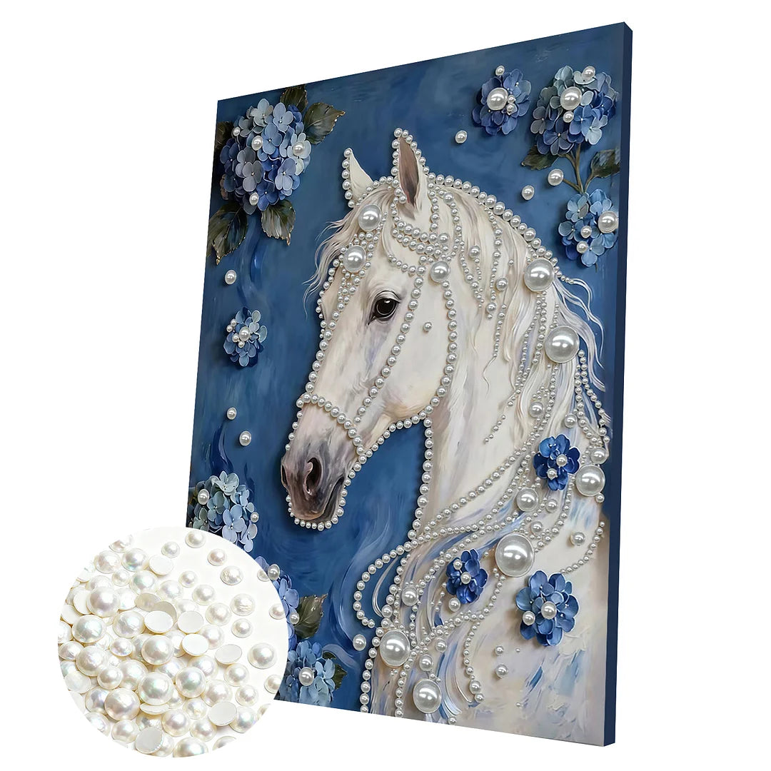 DIY Pearl Painting With Frame - Handmade Self-Adhesive Pearls - Horse (30*40cm) A