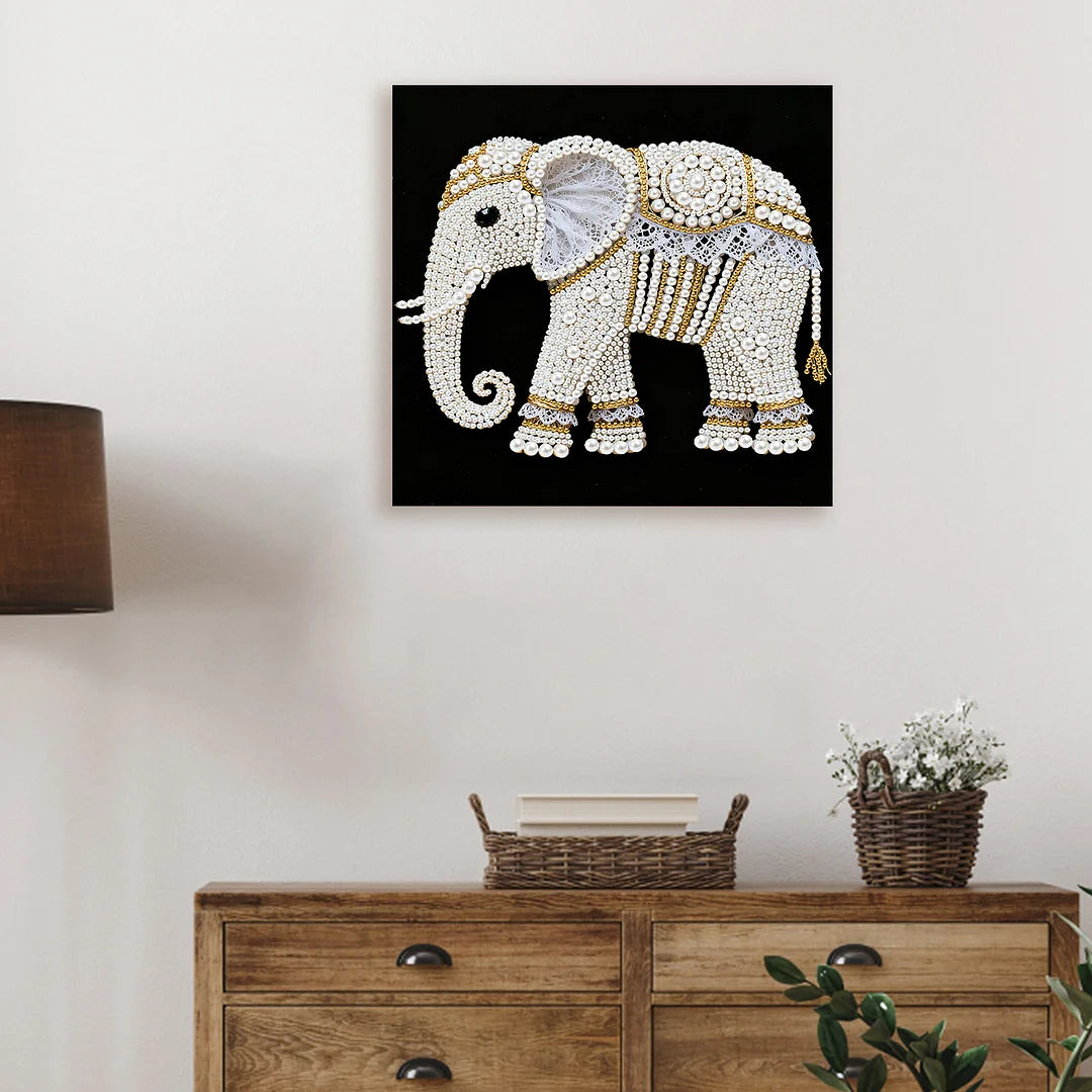 DIY Pearl Painting With Frame - Handmade Self-Adhesive Pearls - Elephant (25*25cm) B