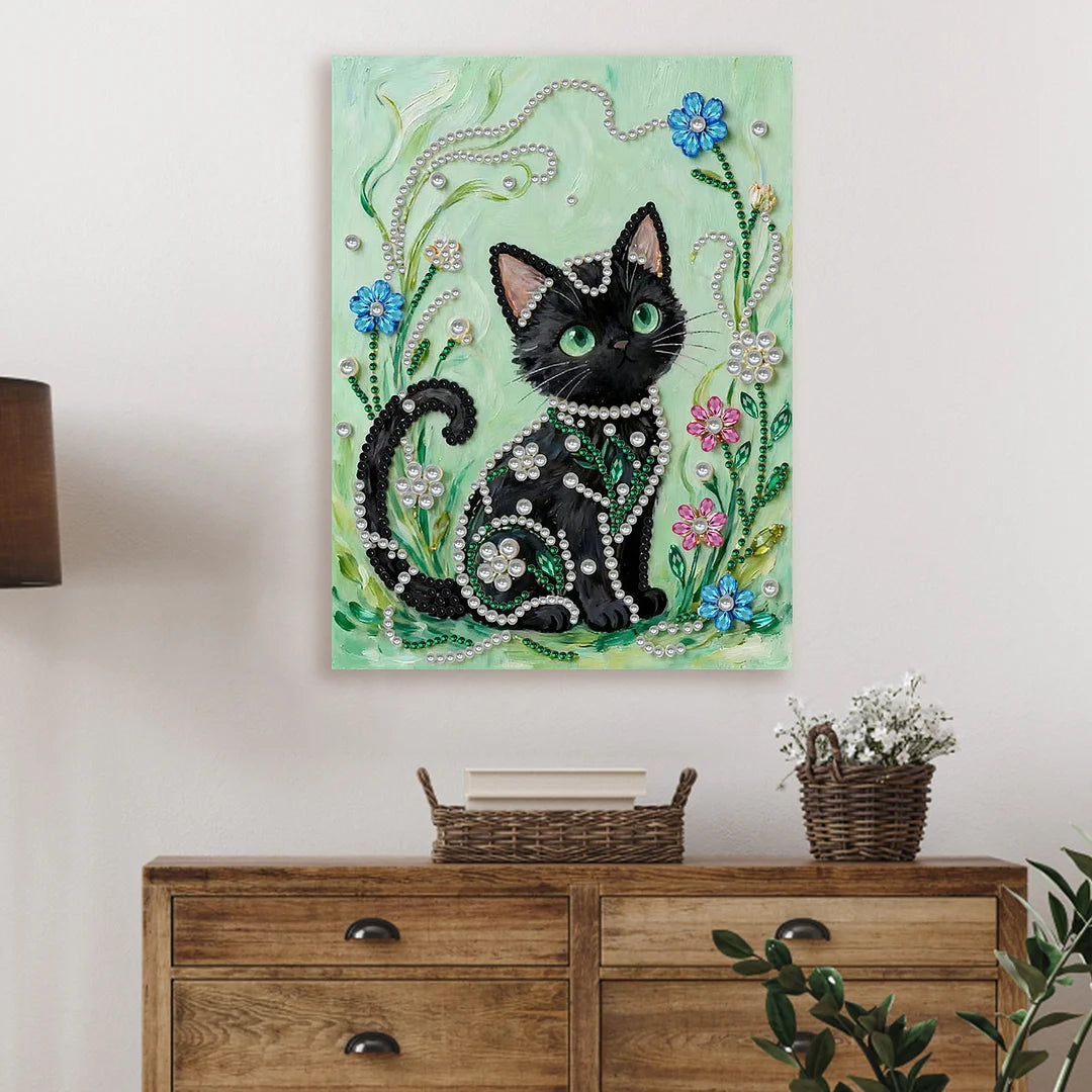 DIY Pearl Painting With Frame - Handmade Self-Adhesive Pearls - Black Cat (30*40cm)