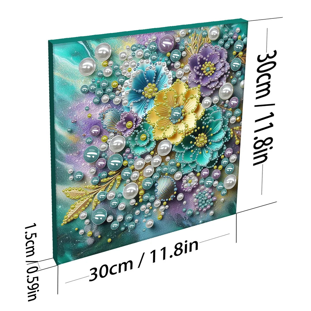 DIY Pearl Painting With Frame - Handmade Self-Adhesive Pearls - Blue Flowers (30*30cm)