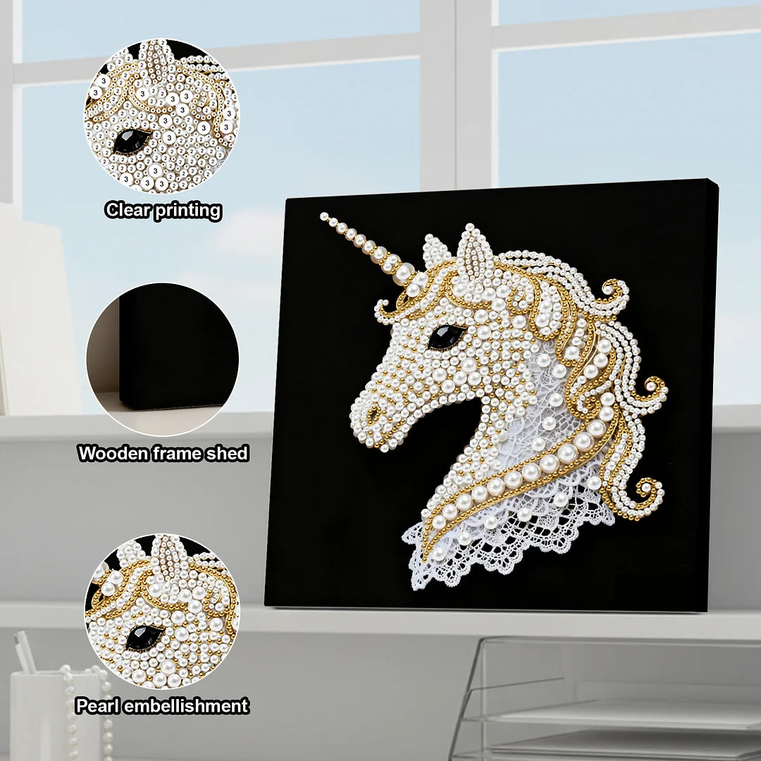 DIY Pearl Painting With Frame - Handmade Self-Adhesive Pearls - Unicorn (25*25cm) C