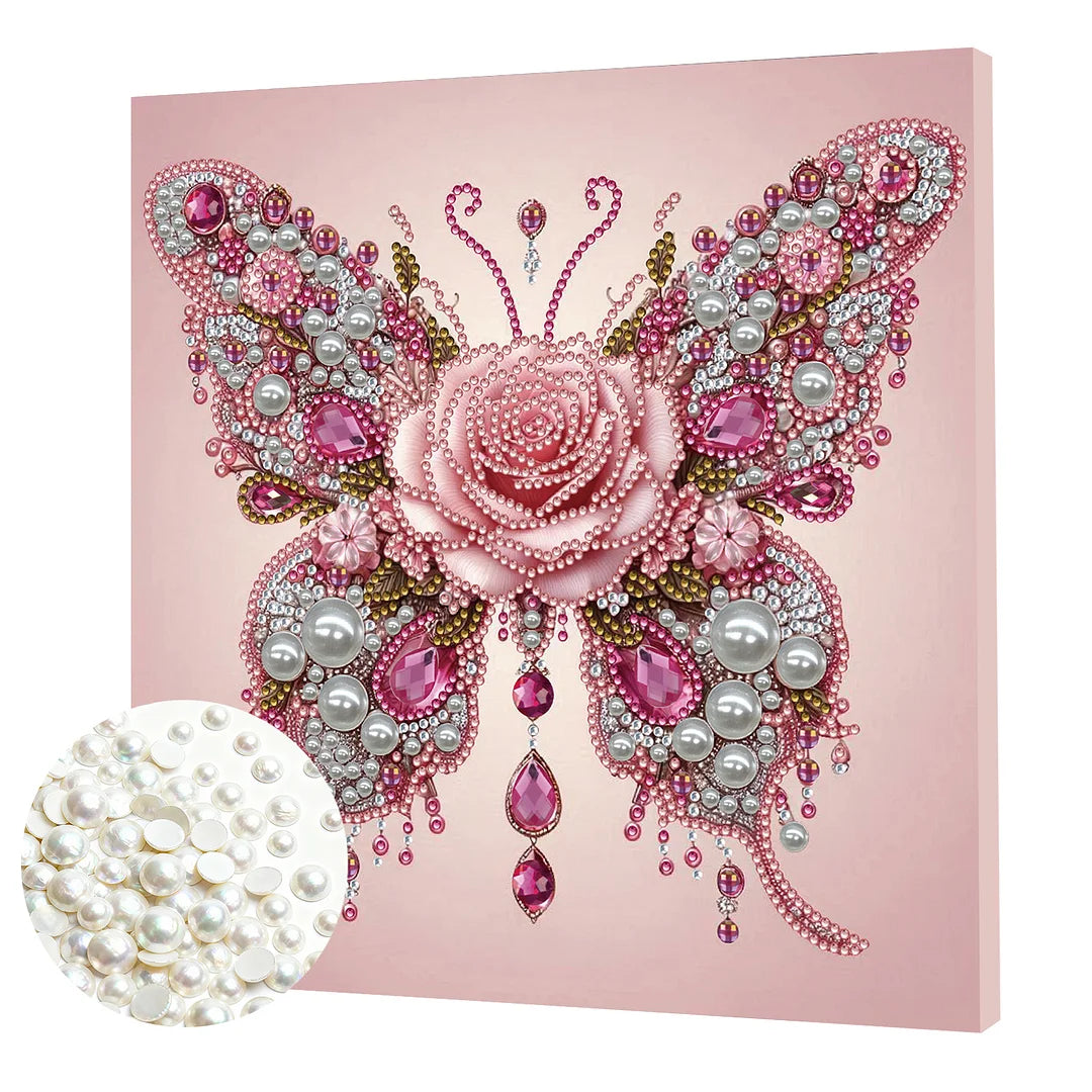 DIY Pearl Painting With Frame - Handmade Self-Adhesive Pearls - Rose Butterfly (25*25cm)