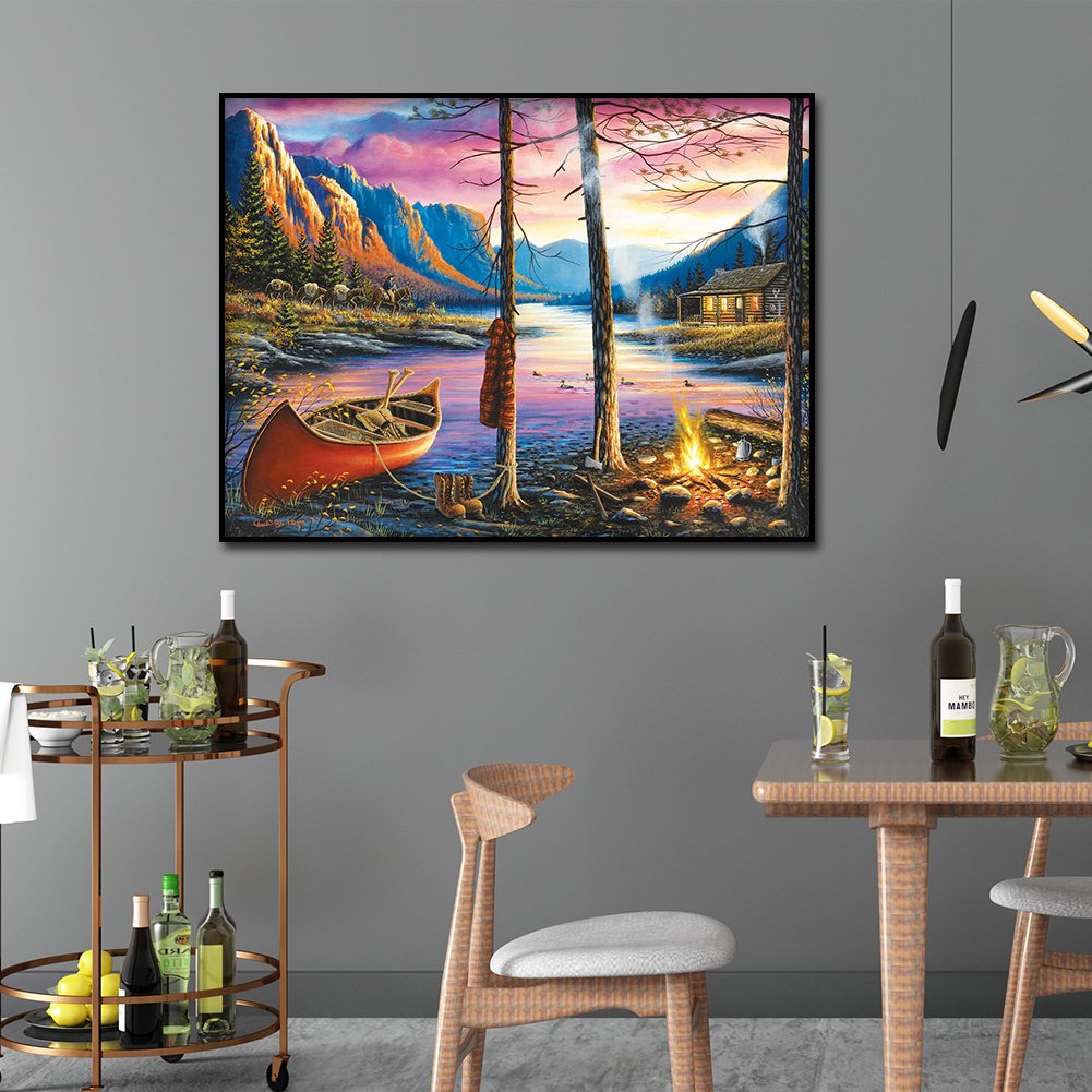 Diamond Painting - Full Round - House Campfire By Lake
