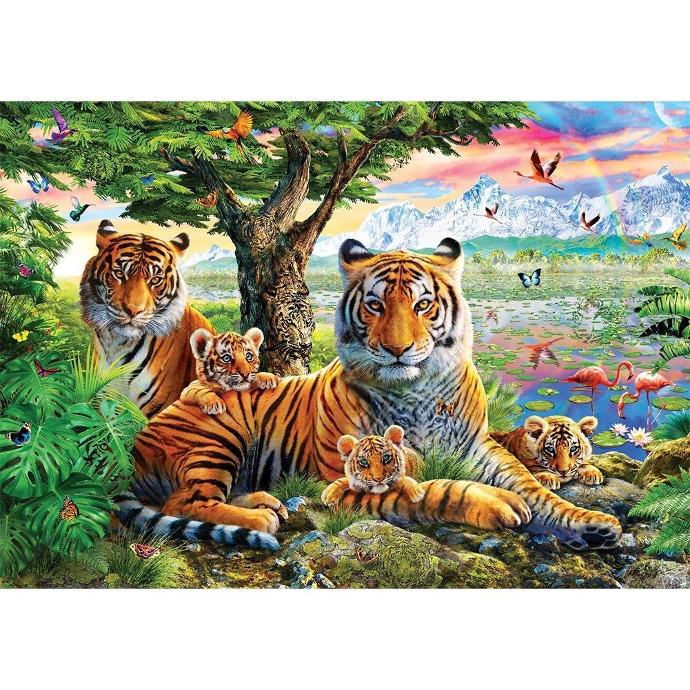 5D Diy Diamond Painting Kit Full Round Beads Tigers Family