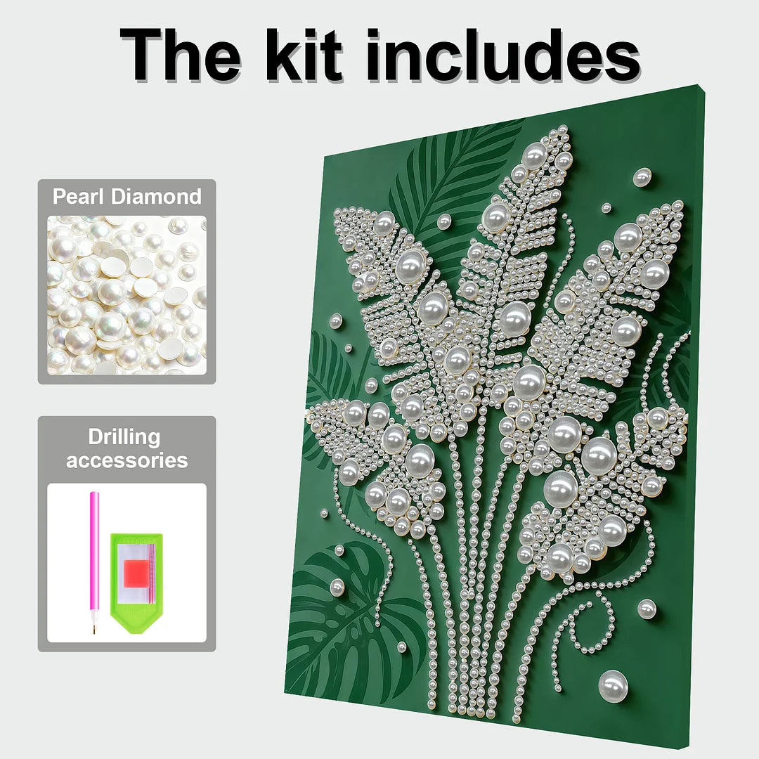 DIY Pearl Painting With Frame - Handmade Self-Adhesive Pearls - Green Plants (30*40cm)
