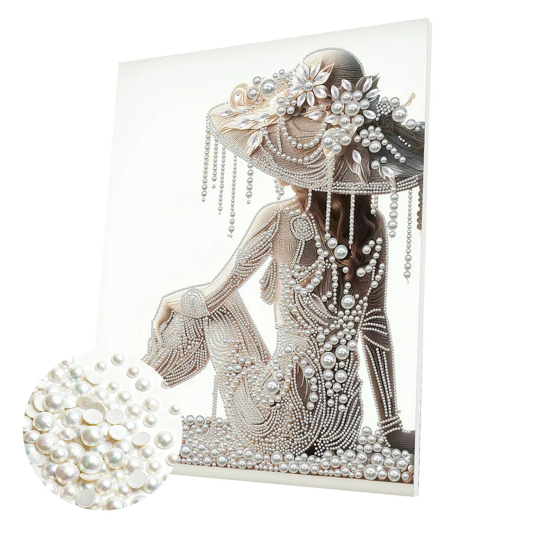DIY Pearl Painting With Frame - Handmade Self-Adhesive Pearls - Hat Woman (40*50cm)