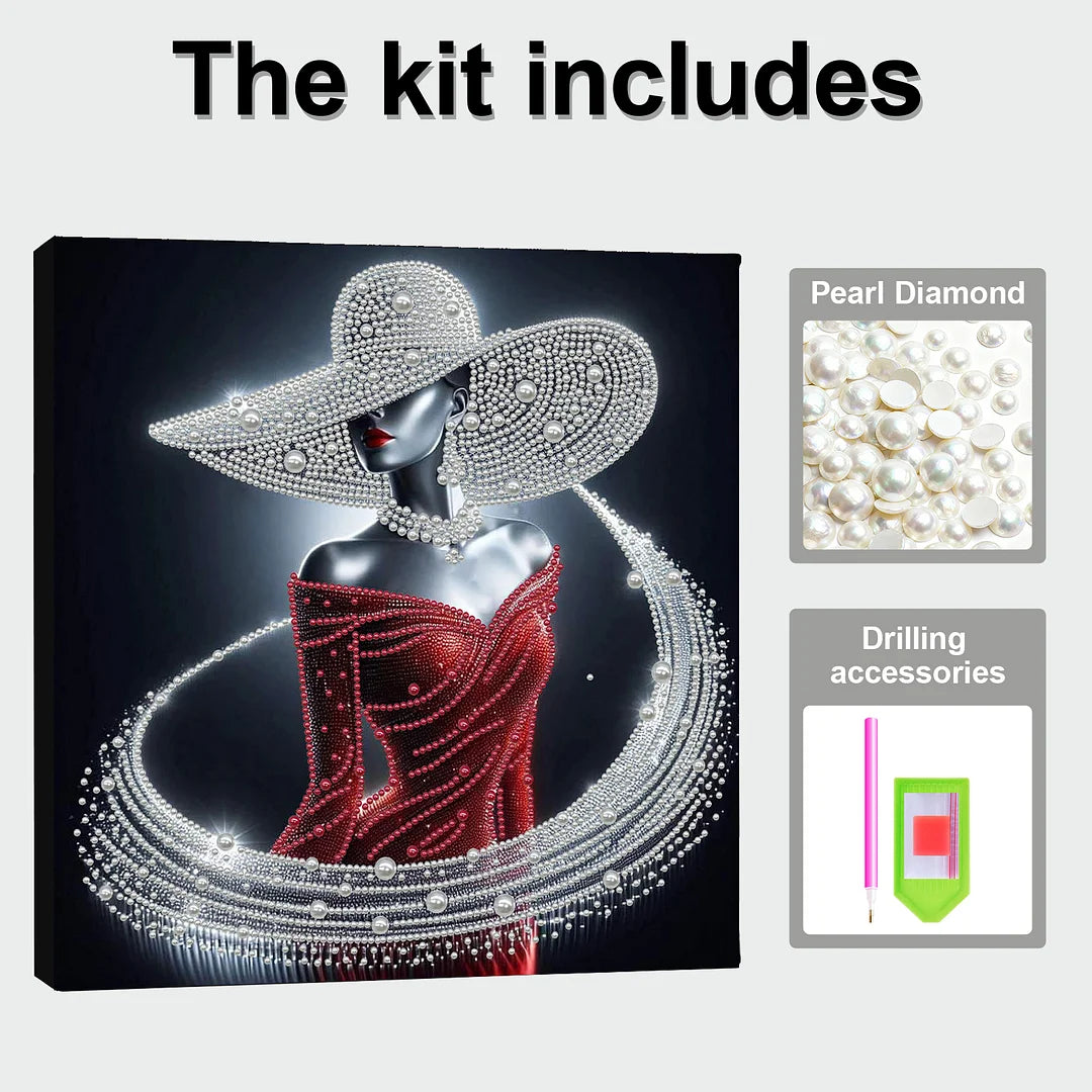 DIY Pearl Painting With Frame - Handmade Self-Adhesive Pearls - Red Dress Lady (30*30cm) B