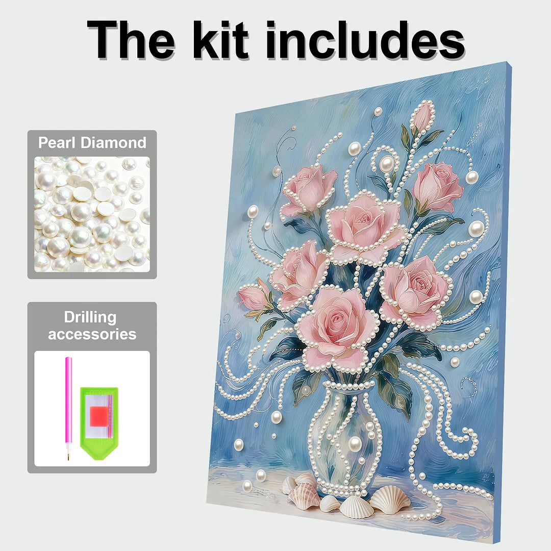 DIY Pearl Painting With Frame - Handmade Self-Adhesive Pearls - Pink flowers (30*40cm) A