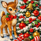 Vintage-style Christmas illustration featuring a small brown deer with white spots wearing a red bow and holly collar, standing beside a snow-dusted Christmas tree decorated with red and gold ornaments, green holly leaves, pinecones, and a blue sky background.