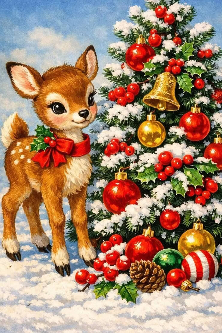 Vintage-style Christmas illustration featuring a small brown deer with white spots wearing a red bow and holly collar, standing beside a snow-dusted Christmas tree decorated with red and gold ornaments, green holly leaves, pinecones, and a blue sky background.