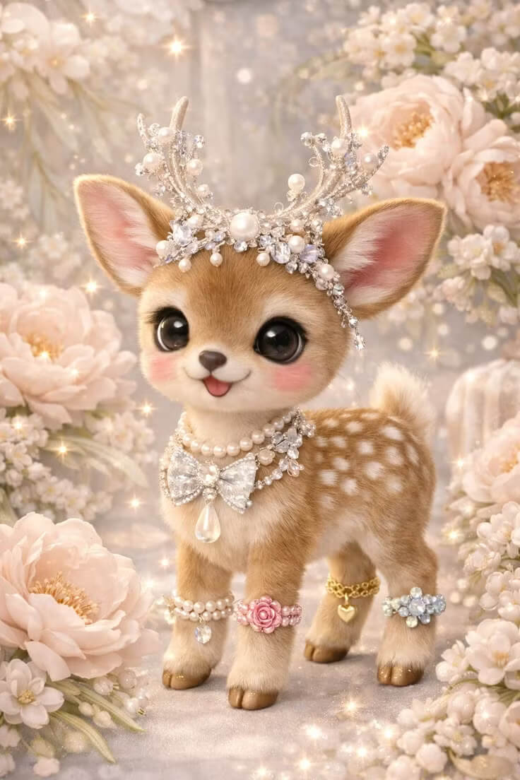 DIY Diamond Painting Kit - Full Round / Square - Deer Wearing Pearl Necklace