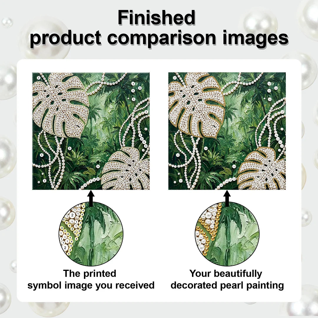 DIY Pearl Painting With Frame - Handmade Self-Adhesive Pearls - Monstera Leaves (25*25cm)