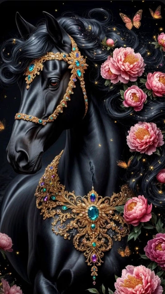 DIY Animal Diamond Painting Kit - Full Round / Square - Black Horse