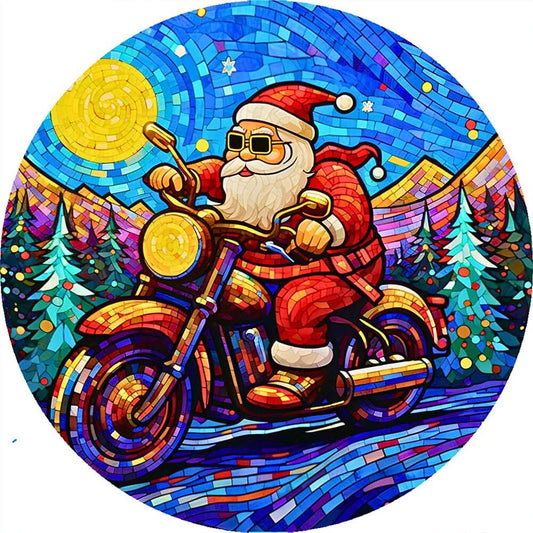 5D DIY Diamond Painting Kit - Full Round / Square - Santa On Motorbike Stained Glass
