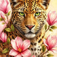 DIY Diamond Painting Kit - Full Round / Square - Leopard Surrounded By Pink Magnolia Flowers