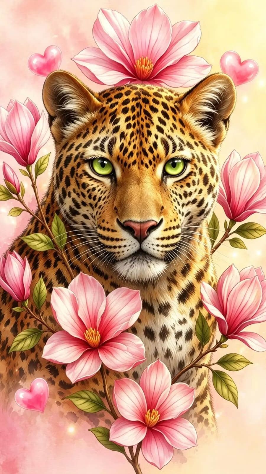 DIY Diamond Painting Kit - Full Round / Square - Leopard Surrounded By Pink Magnolia Flowers