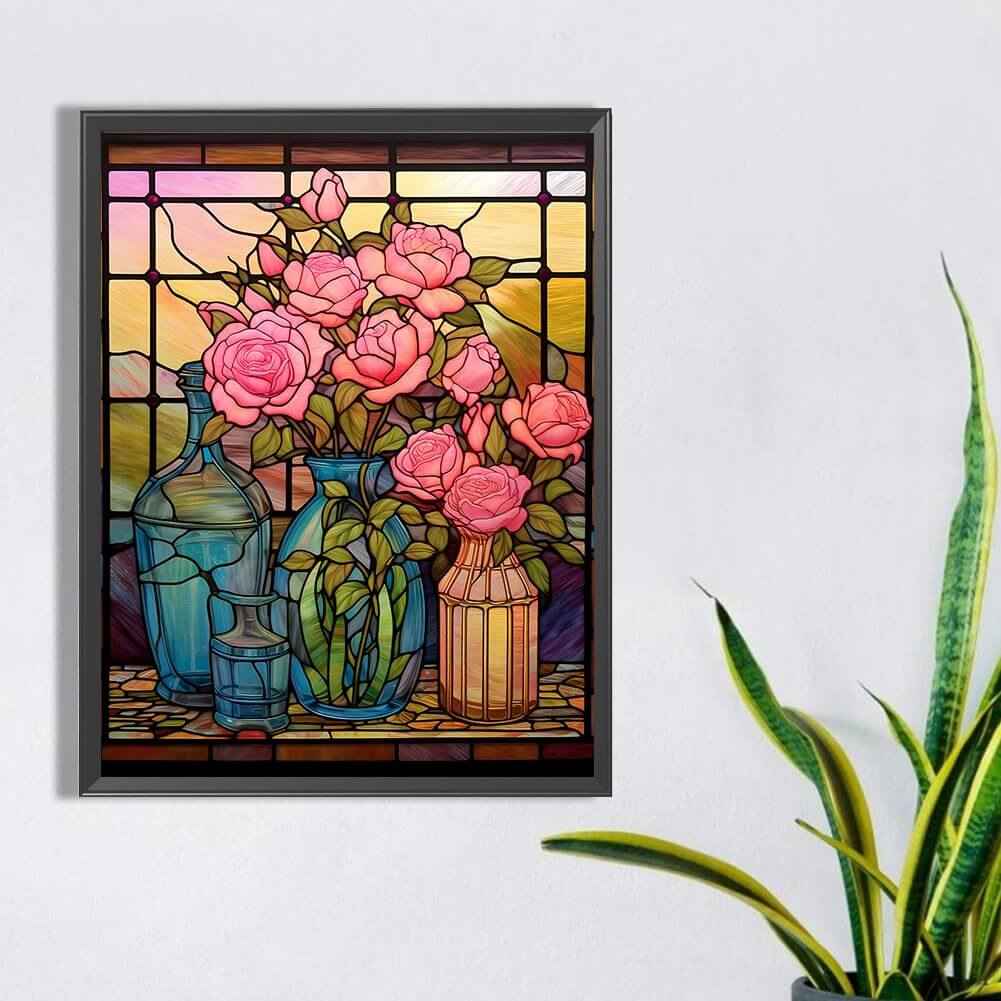 Stained Glass Rose Vase Flower Diamond Art