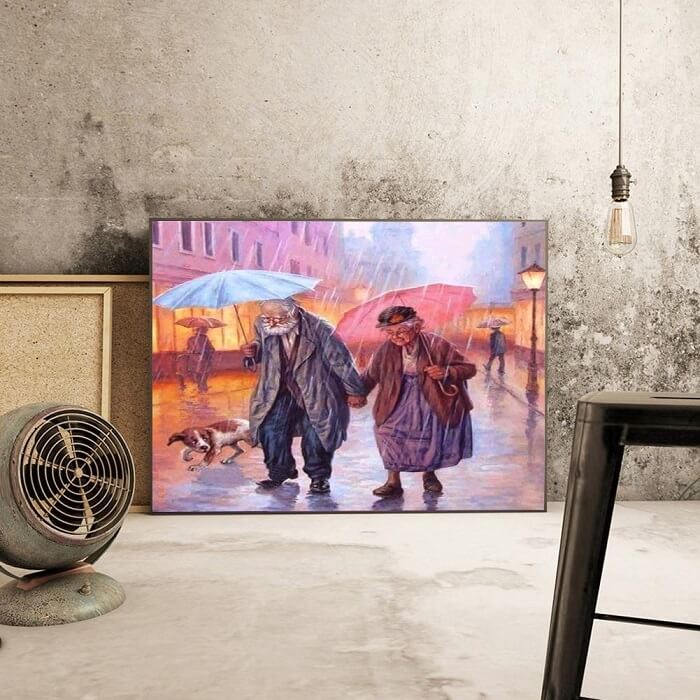 Sweet old Couple Walking In The Rain Gem Art Painting