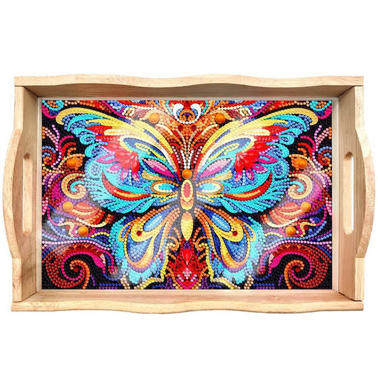 Butterfly Diamond Painting Wooden Serving Tray with Handle