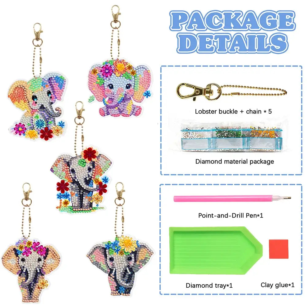 Flower Elephant 6pcs DIY Diamond Painting Keychains Package