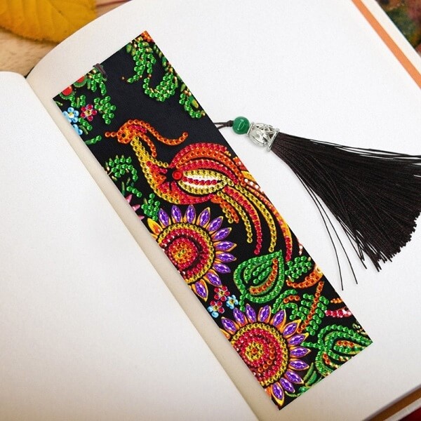 2 pieces diy peacock diamond painting bookmark pu leather tassel