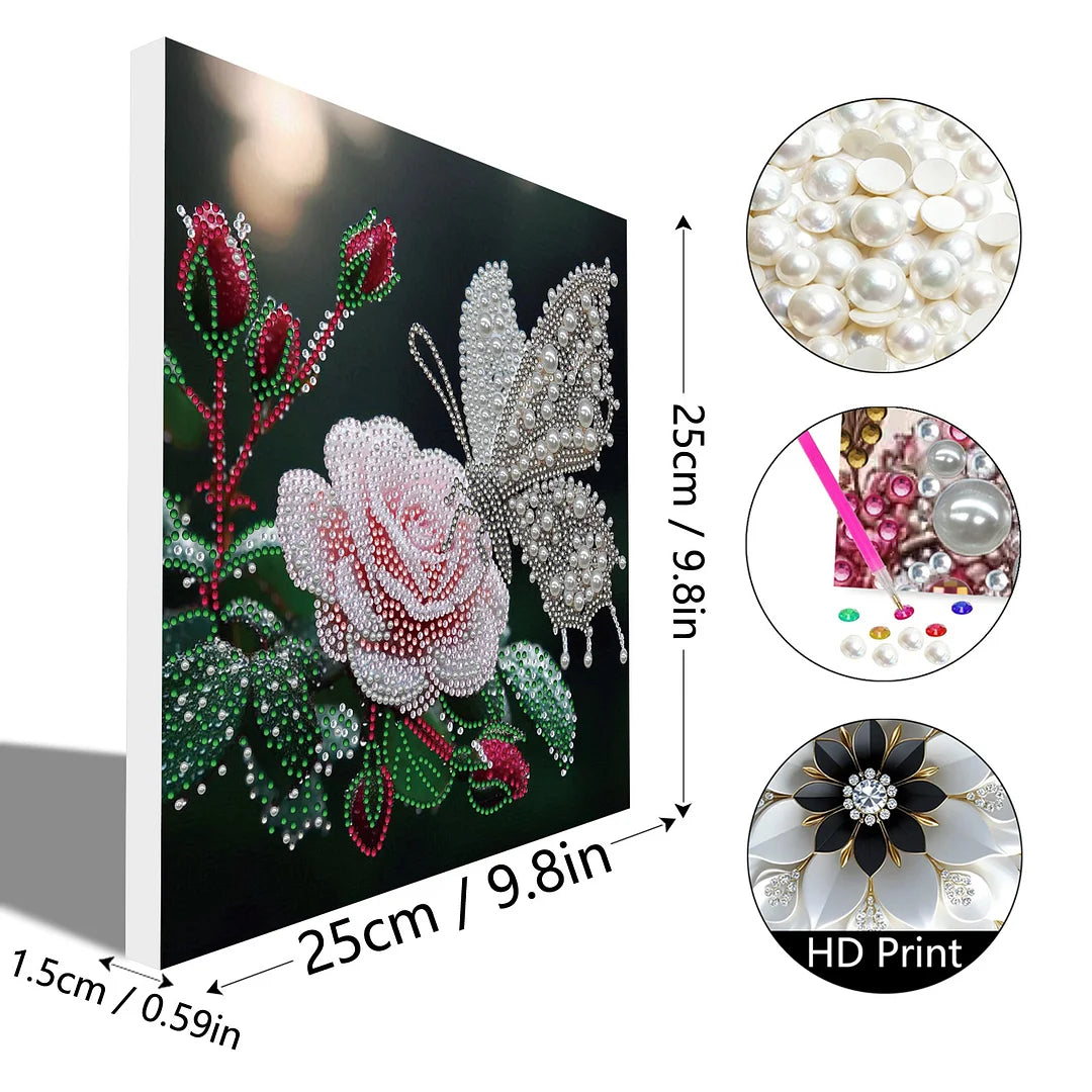 DIY Pearl Painting With Frame - Handmade Self-Adhesive Pearls - Butterfly Flower (25*25cm)