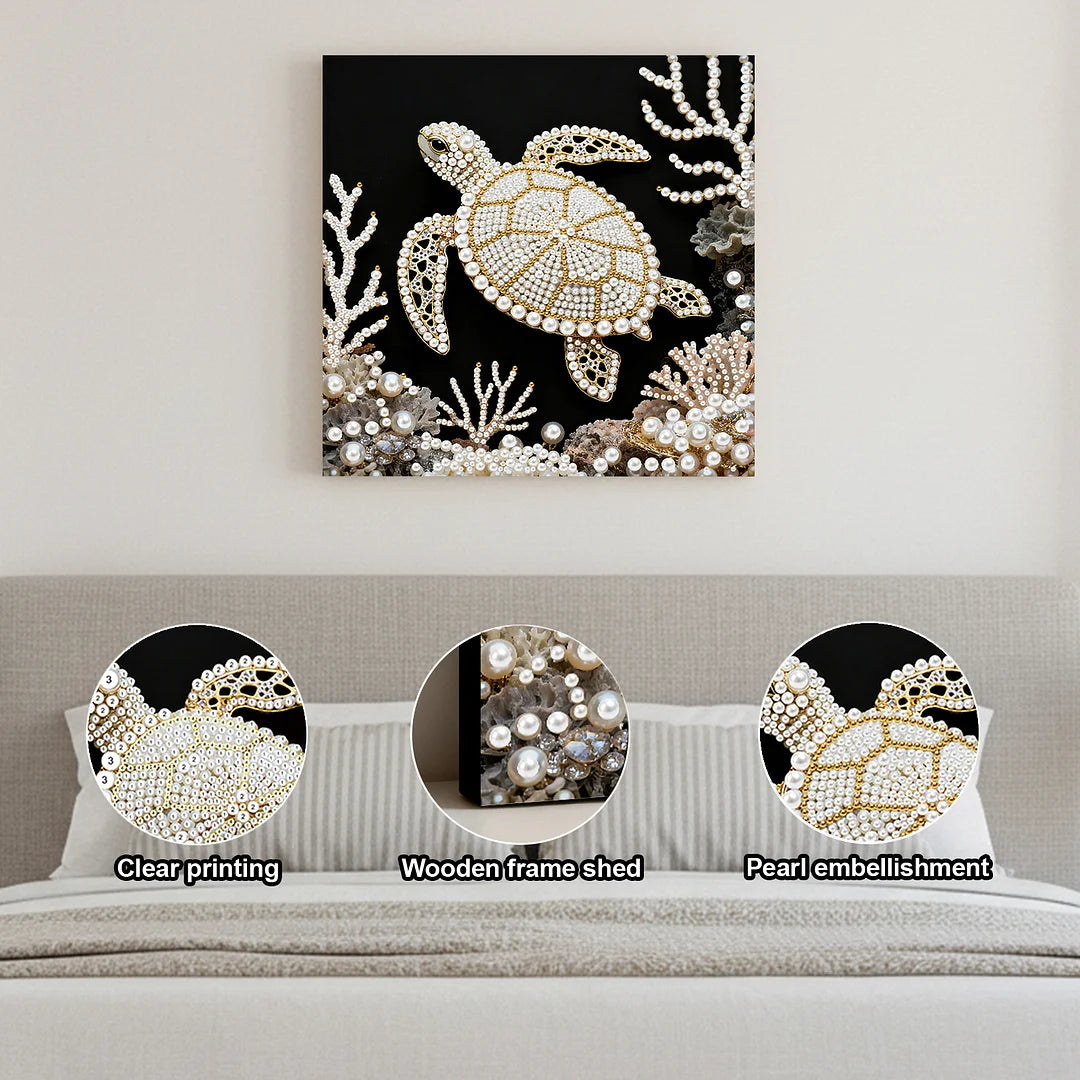 DIY Pearl Painting With Frame - Handmade Self-Adhesive Pearls - Turtle (25*25cm)