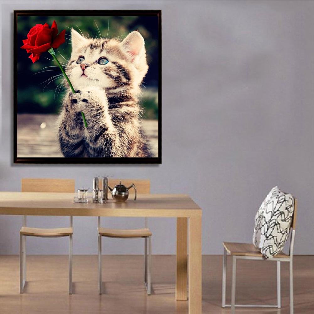 5D DIY Diamond Painting Kit - Partial Round - Cat & Rose