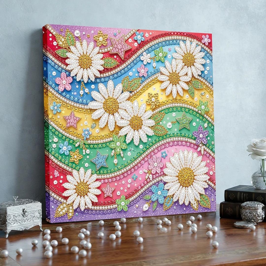 DIY Pearl Painting With Frame - Handmade Self-Adhesive Pearls - Rainbow Daisy (25*25cm)