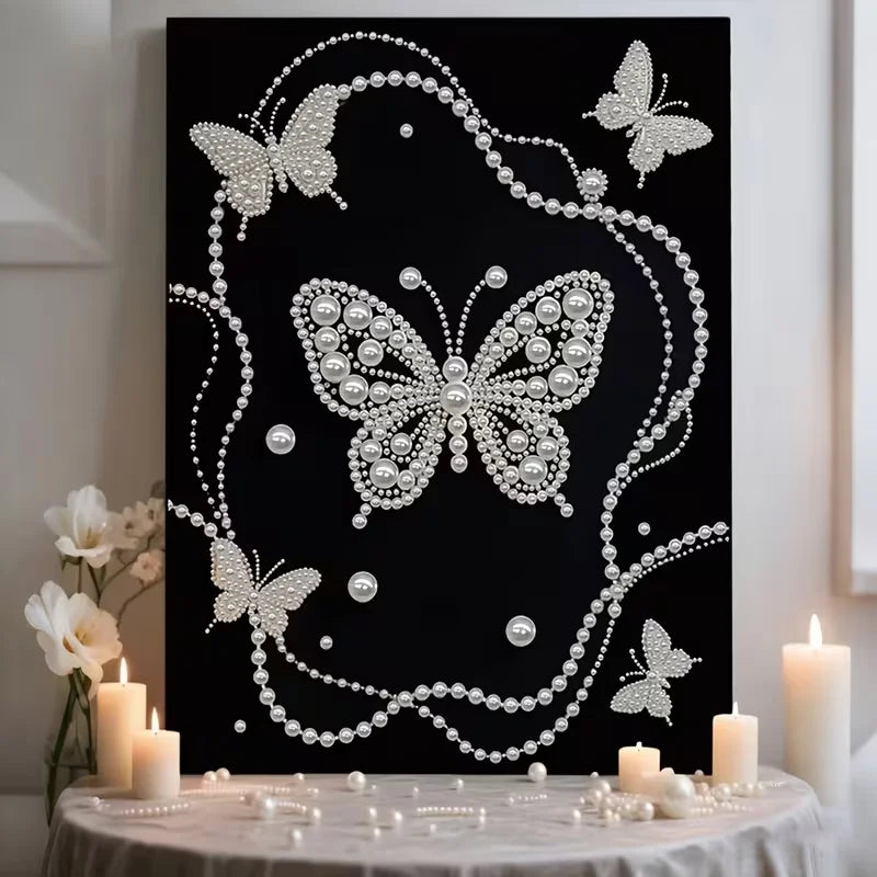 DIY Pearl Painting With Frame - Handmade Self-Adhesive Pearls - Butterfly (30*40cm) F