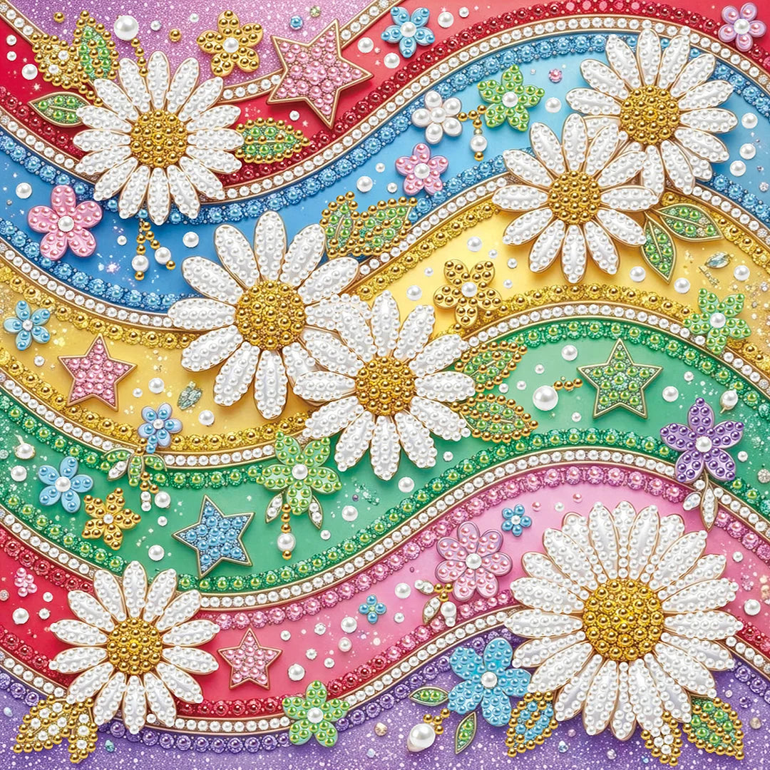 DIY Pearl Painting With Frame - Handmade Self-Adhesive Pearls - Rainbow Daisy (25*25cm)
