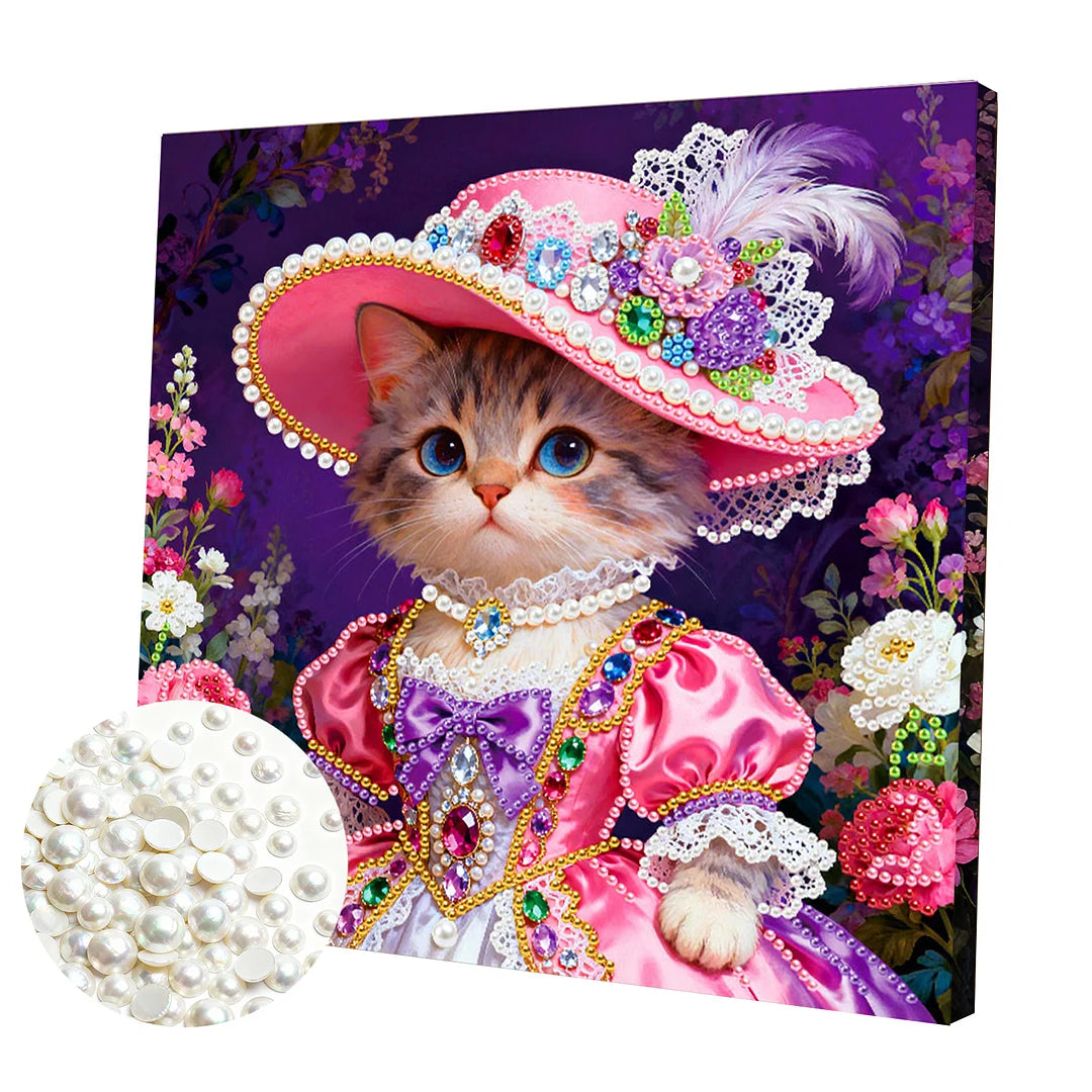 DIY Pearl Painting With Frame - Handmade Self-Adhesive Pearls - Cat (25*25cm) D