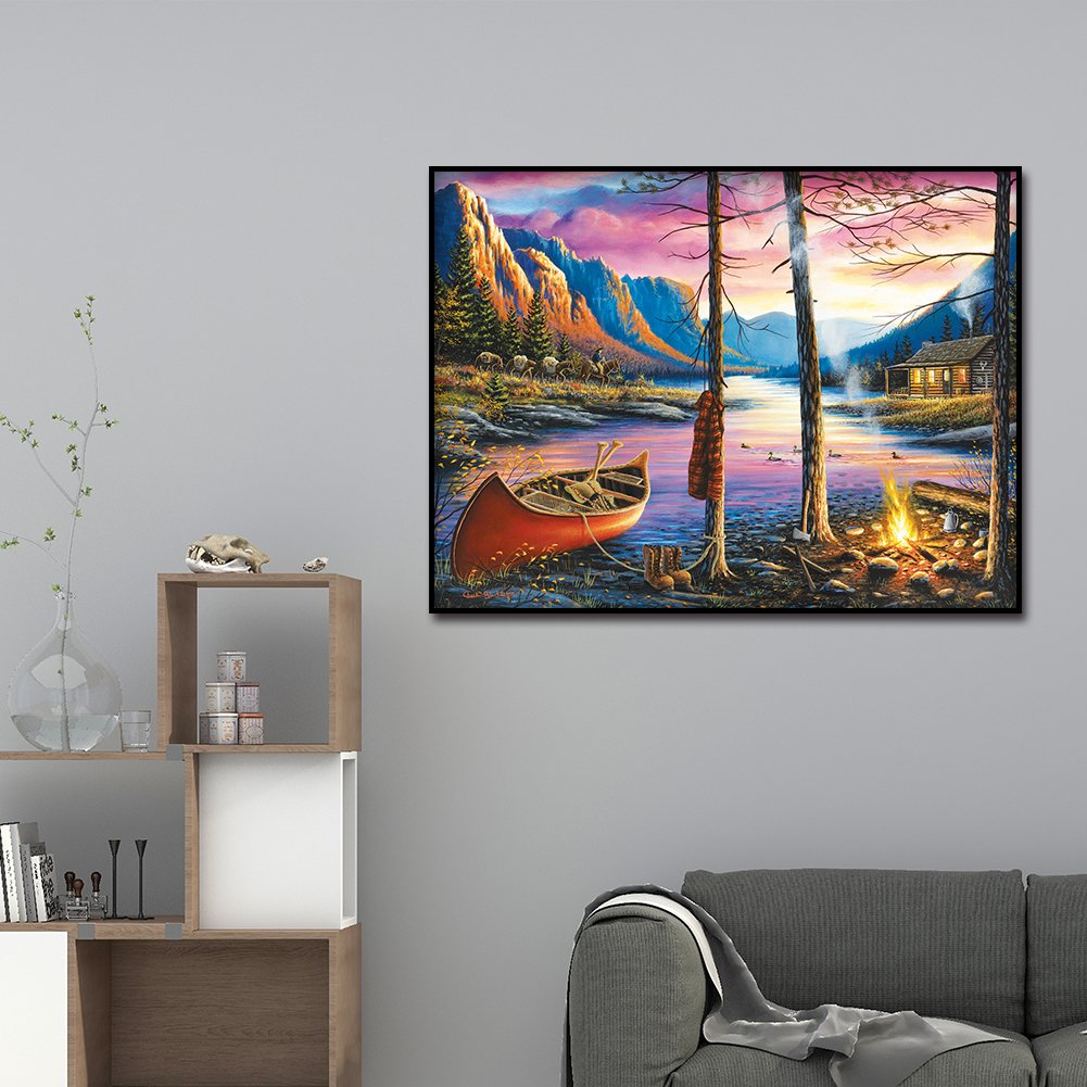 Diamond Painting - Full Round - House Campfire By Lake
