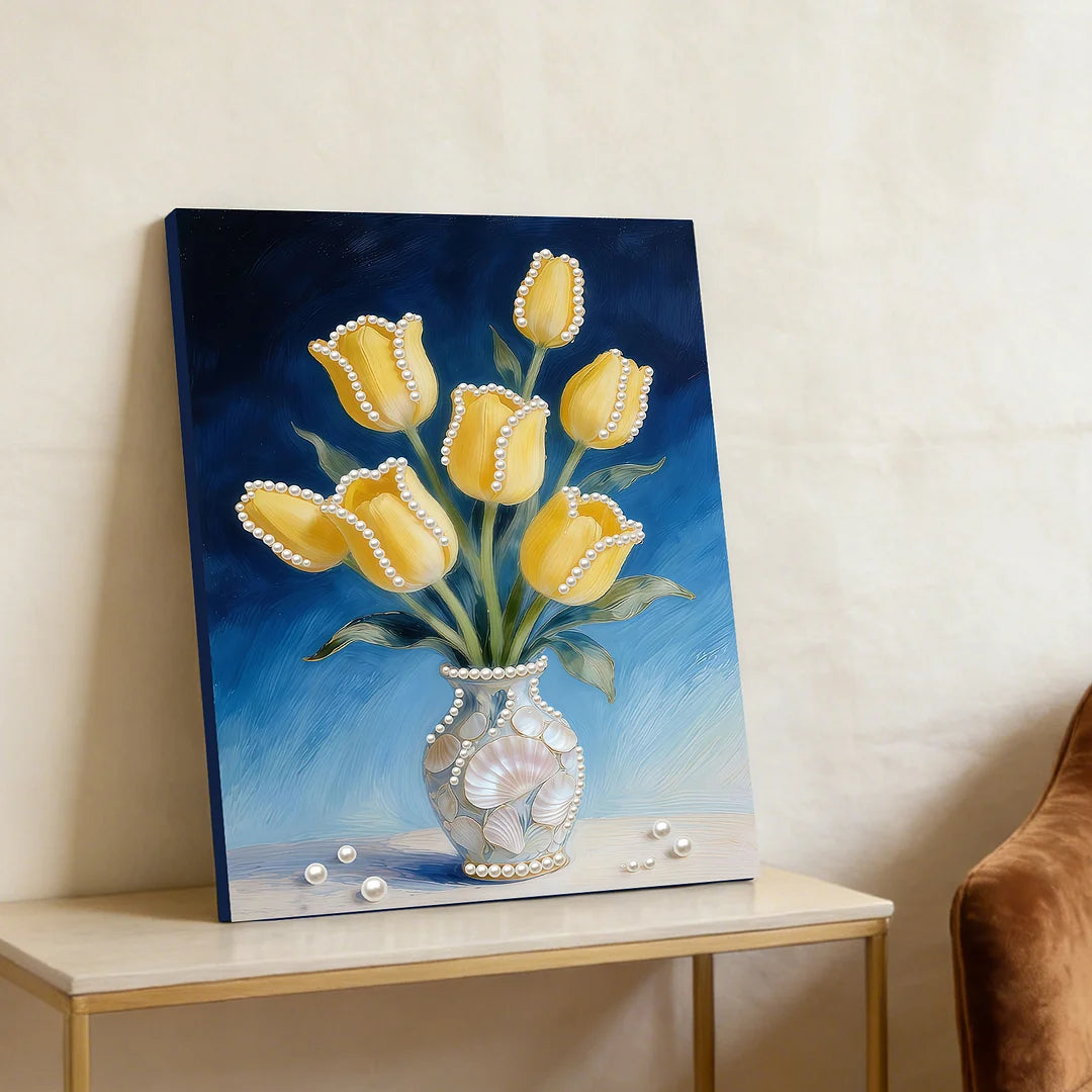 DIY Pearl Painting With Frame - Handmade Self-Adhesive Pearls - Yellow tulips (30*40cm)