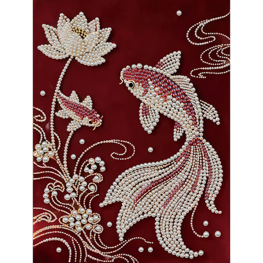 DIY Pearl Painting With Frame - Handmade Self-Adhesive Pearls - Lotus Fish (30*40cm)