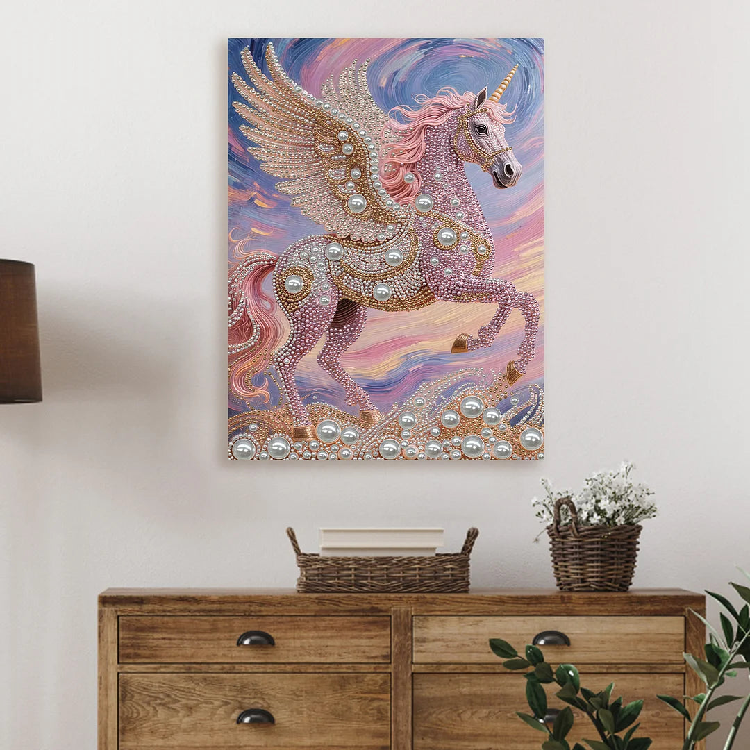DIY Pearl Painting With Frame - Handmade Self-Adhesive Pearls - Unicorn (30*40cm) A