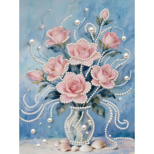DIY Pearl Painting With Frame - Handmade Self-Adhesive Pearls - Pink flowers (30*40cm) A