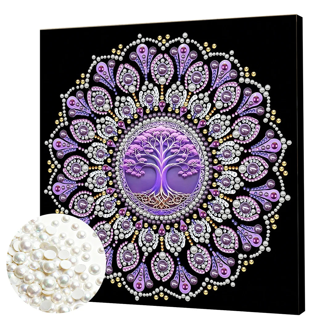DIY Pearl Painting With Frame - Handmade Self-Adhesive Pearls - Purple Tree Mandala (25*25cm)