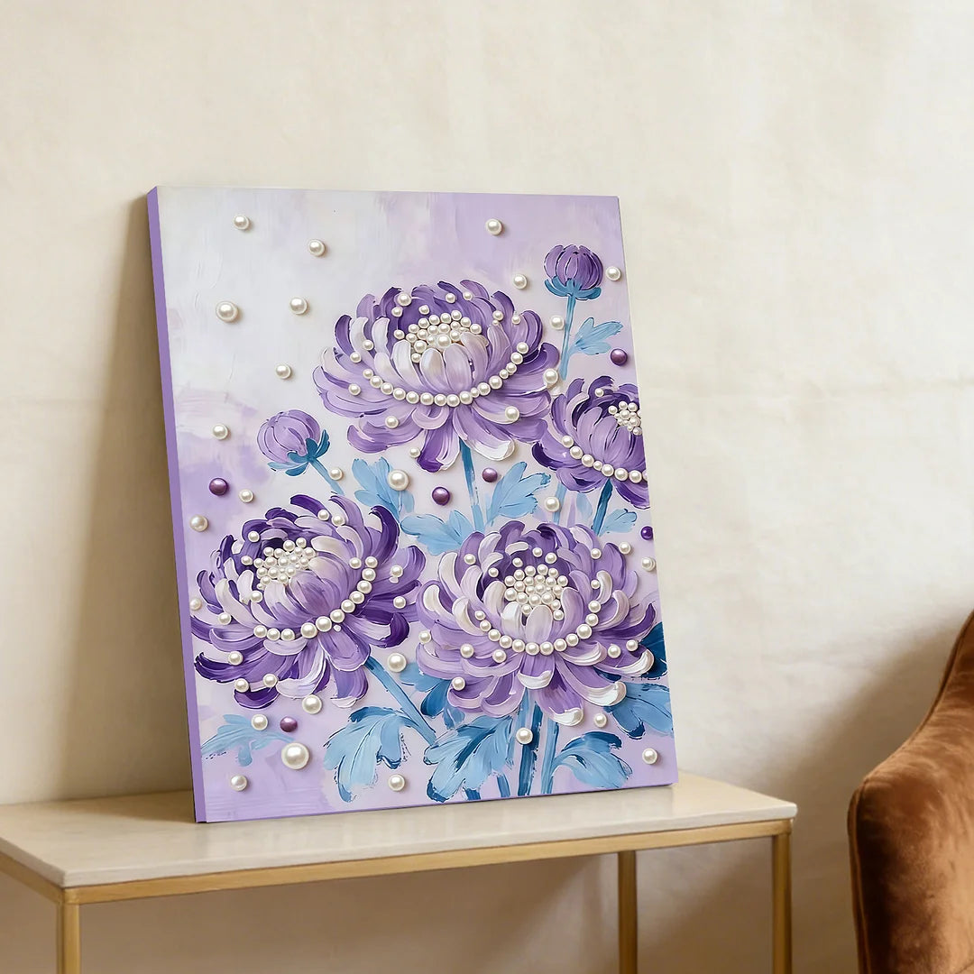DIY Pearl Painting With Frame - Handmade Self-Adhesive Pearls - Purple flowers (30*40cm)