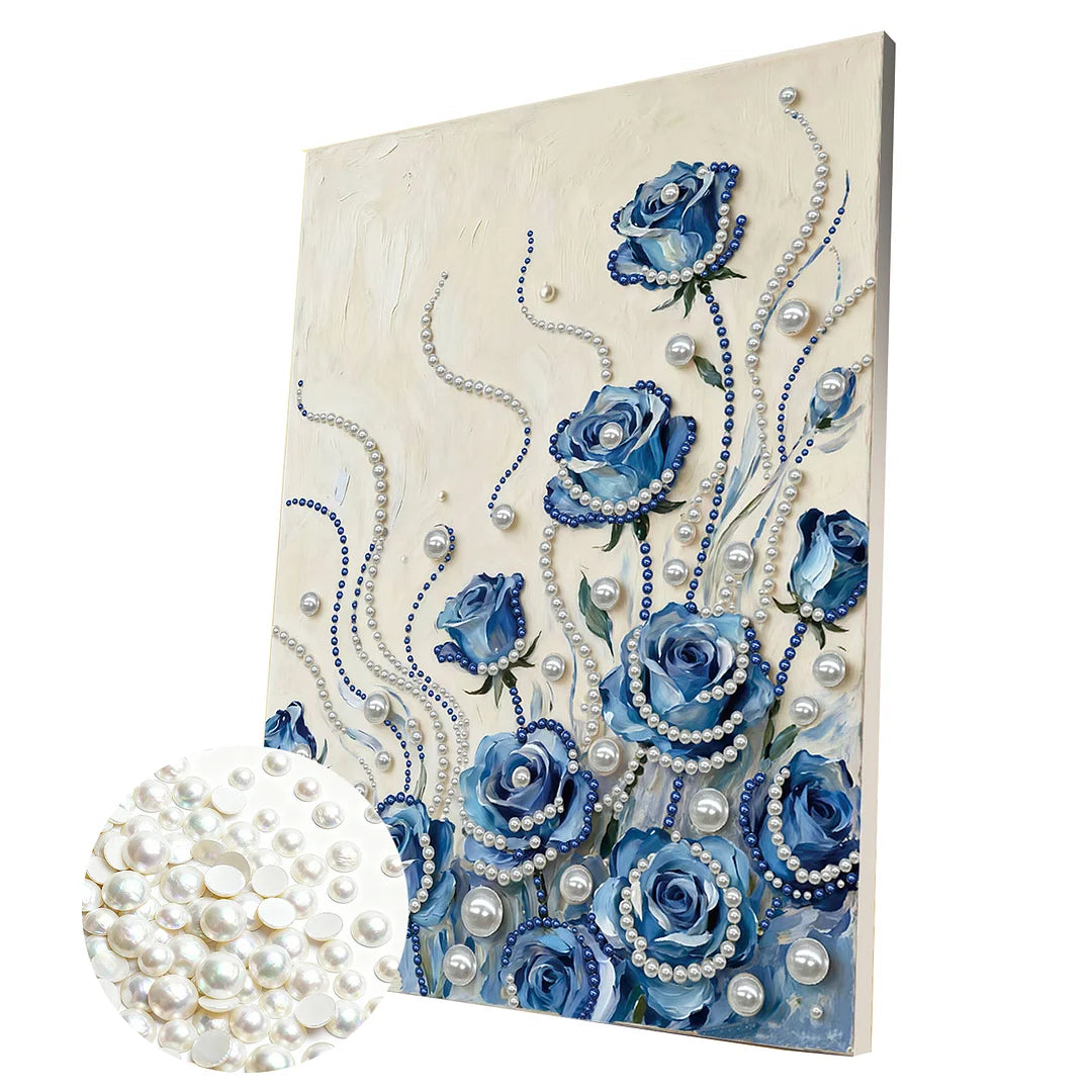 DIY Pearl Painting With Frame - Handmade Self-Adhesive Pearls - Blue Flowers (30*40cm)