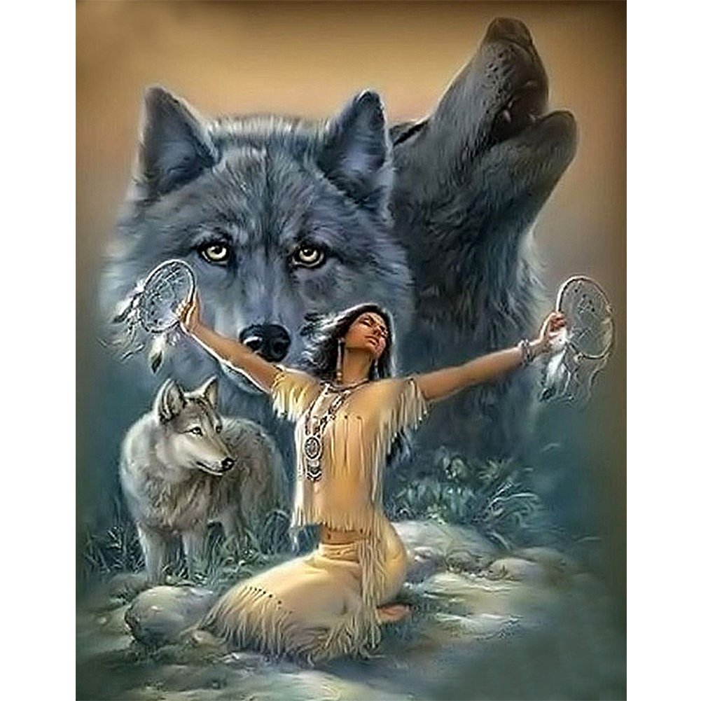 5D Diy Diamond Painting Kit Full Round Beads Woman Wolf