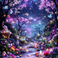 A vibrant digital illustration of an Easter landscape featuring a glowing stream, pastel eggs, cherry blossom trees under a starry night sky, and a bunny basket on the left.