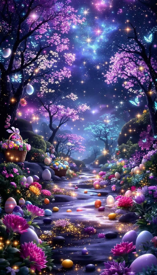 A vibrant digital illustration of an Easter landscape featuring a glowing stream, pastel eggs, cherry blossom trees under a starry night sky, and a bunny basket on the left.