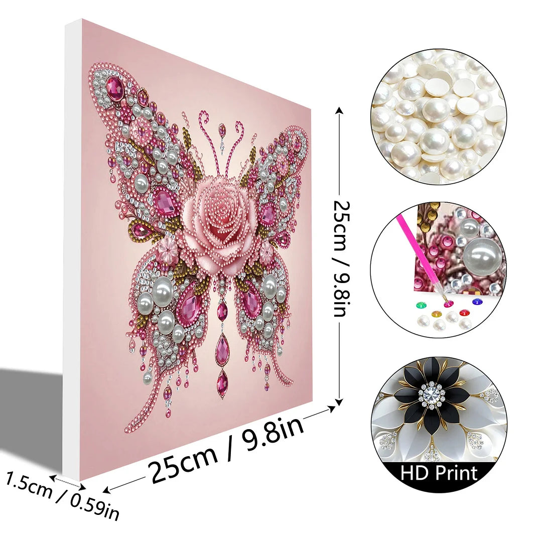DIY Pearl Painting With Frame - Handmade Self-Adhesive Pearls - Rose Butterfly (25*25cm)