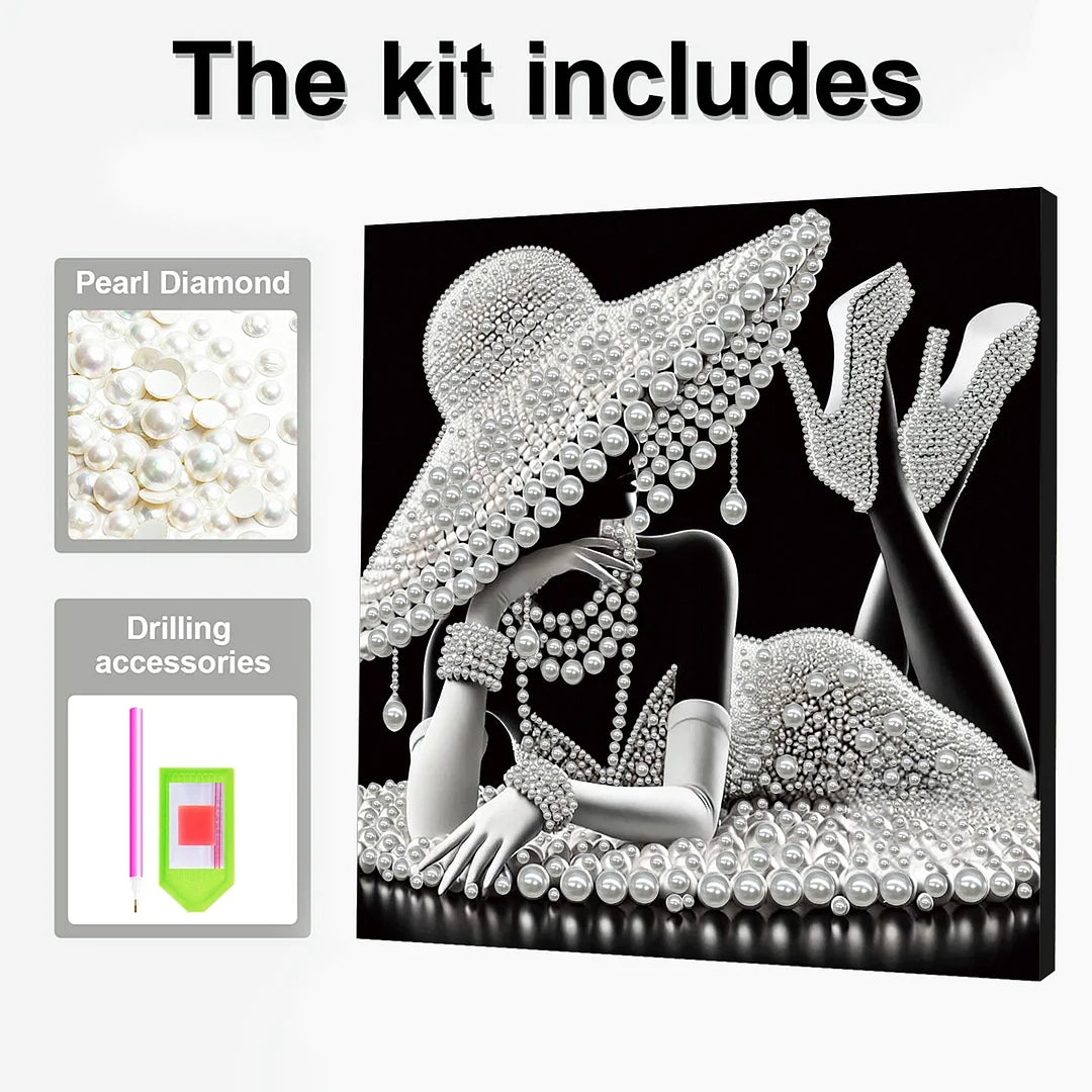 DIY Pearl Painting With Frame - Handmade Self-Adhesive Pearls - White Pearl Lady (30*30cm) C