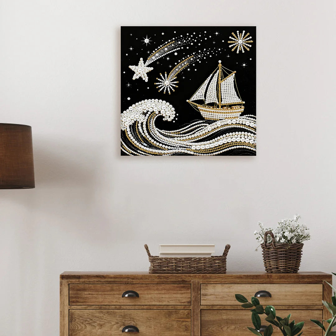DIY Pearl Painting With Frame - Handmade Self-Adhesive Pearls - Sea Waves Sailing (25*25cm)